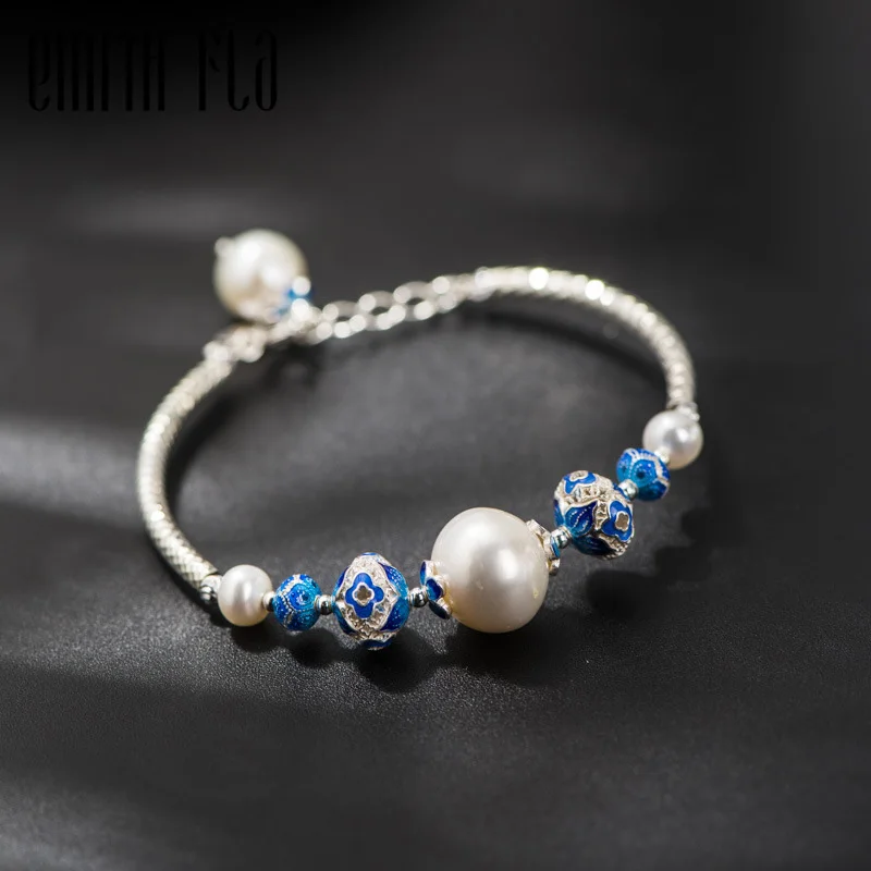 

925 Sterling Silver Chinese Style Original Bangle Female Pearl Cloisonne Bracelet Fashion Jewelry for Women Bracelets Resize