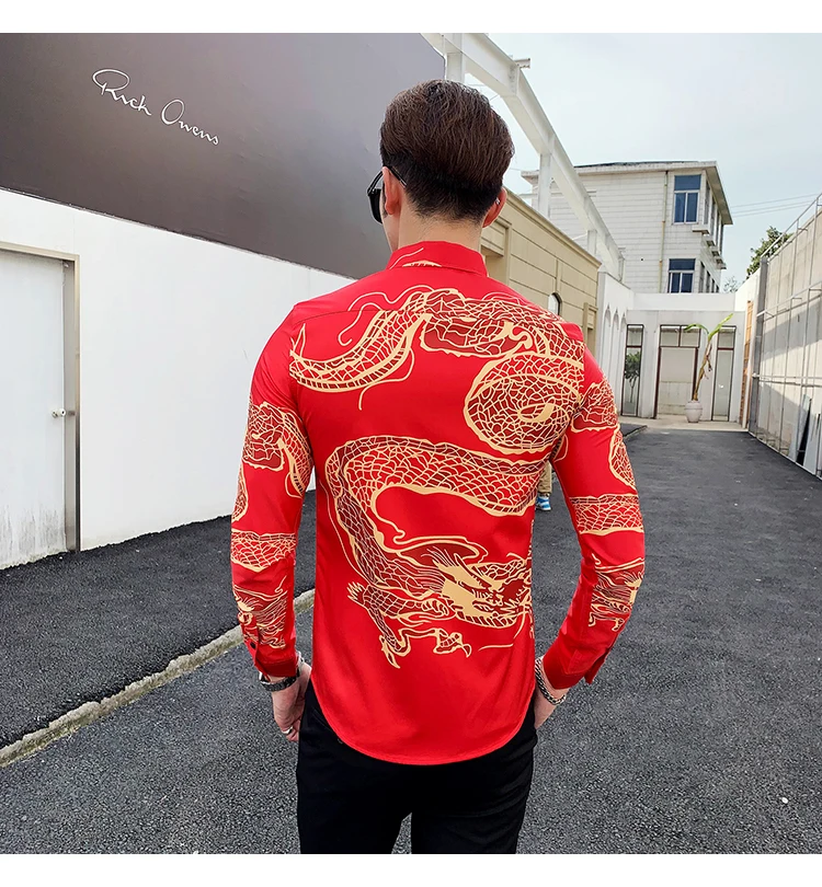 Мужская рубашка с длинным рукавом в китайском стиле с принтом дракона, Повседневная приталенная винтажная рубашка, смокинг для ночного клуба, рубашки для мужчин, Camisa Social