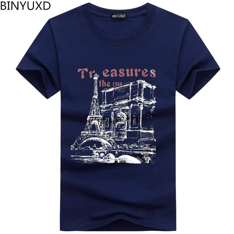 BINYUXD Summer Tops Fashion Eiffel Tower Print Short Sleeve T Shirt Men Casual Cotton Breathable Loose Brand Tees Male | Мужская одежда