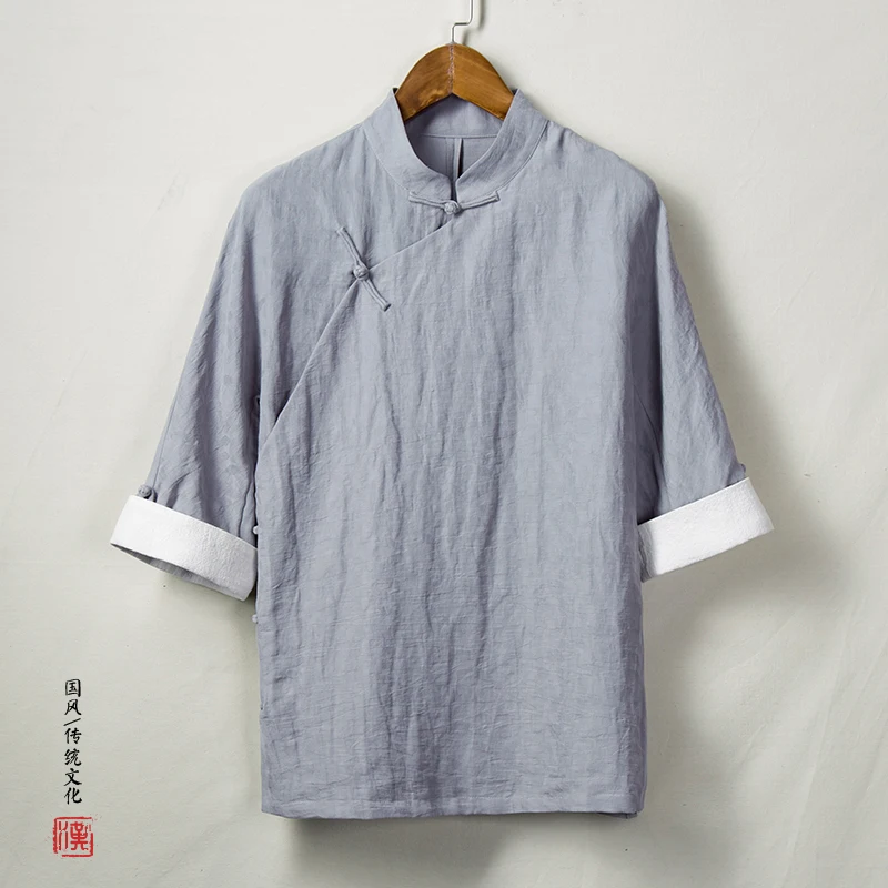 Sinicism Store мужские хлопковые льняные рубашки, мужские однотонные высококачественные рубашки с рукавом три четверти, мужские рубашки большого размера, новинка - Цвет: Asian Size LightGrey