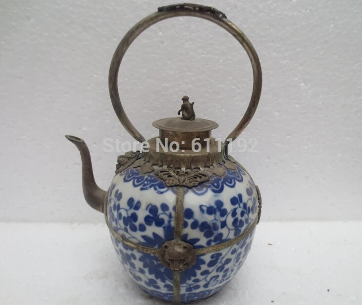 

8 Inch high big china Blue and white porcelain teapot,Antique Home Decorative Arts Metal Crafts