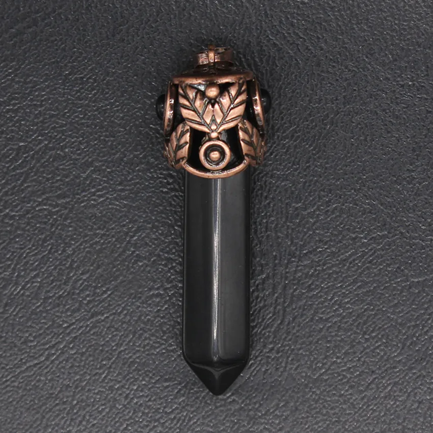 

100-Unique Ethnic Style Copper Leaf Hexagon Column Black Agates Pendant Personalized Jewelry