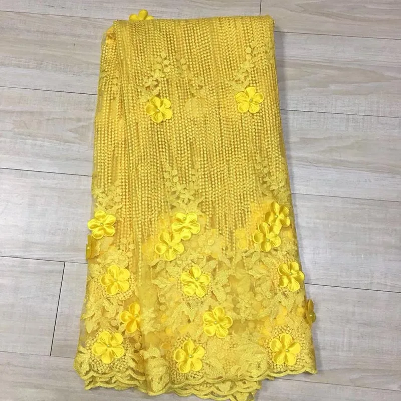 Latest African Cord Lace Fabric 2017 French Net Lace Fabric For Wedding 3D Applique Yellow Embroidery
