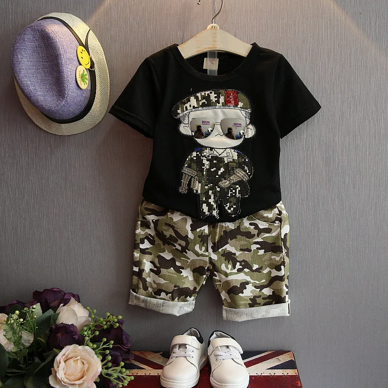 AiLe Rabbit/Новинка; комплекты детской одежды для мальчиков; комплект из 2 предметов; футболка с короткими рукавами; костюмы для малышей; камуфляжные шорты; комплекты одежды - Цвет: Черный