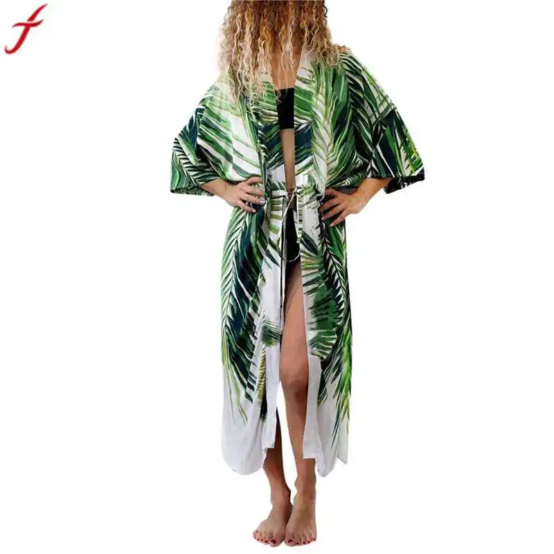 

Womens Leaves Print Chiffon Kimono Cardigan Vintage Summer 3/4 Sleeve shirts femininas blusas Beach Cover Up summer Blouse#15