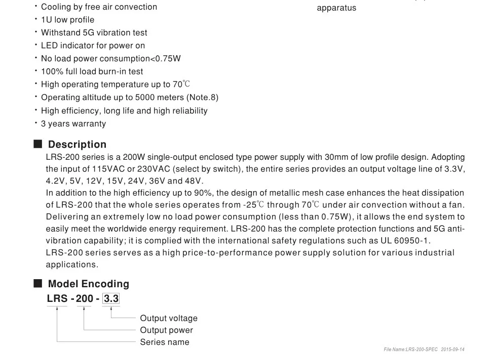 LRS-200-5; 5 В/200 Вт режим переключения meanwell Светодиодный источник питания; AC100-240V вход; 5 В/200 Вт Выход