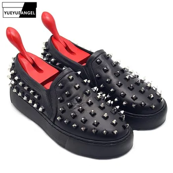 

Gothic Runway Rivets Mens Cowhide Real Leather Shoes Studded Thick Platform Moccasin Slip On Loafers Plus Size High Street Shoes