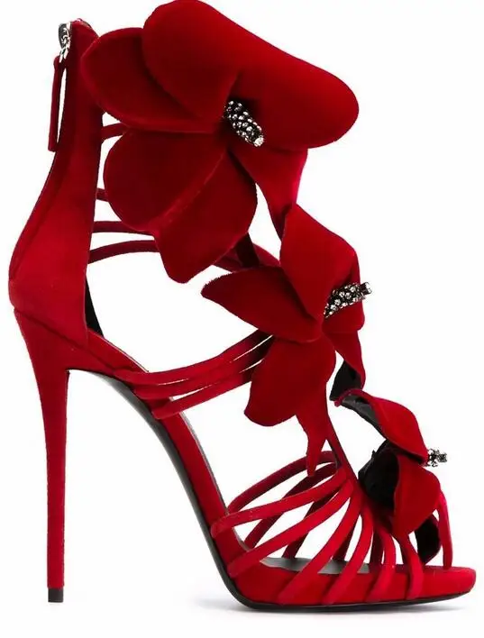 Пикантные женские босоножки на высоком каблуке, украшенные красными цветами модельные туфли с вырезами на тонком каблуке, Украшенные бусинами Летние босоножки на высоком каблуке, большой размер 10