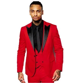 

Red Mens Suits Black Peaked Lapel Three Pieces Groom Tuxedos Custom Made Slim Fit Groomsmen Wedding Suits ( Jacket+Pants+Vest