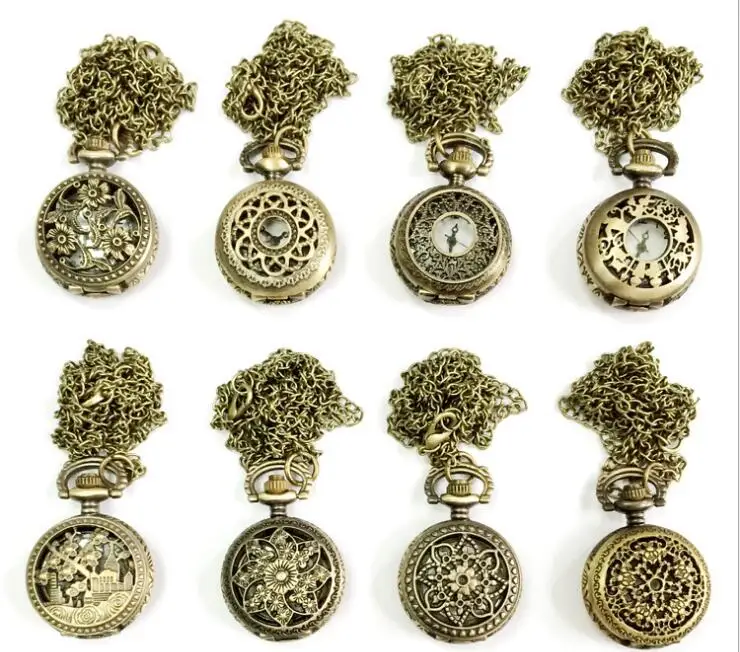 

Wholesale 8 style Bronze quartz hour Hollow out pendant Necklace pocket watches 10pcs/lot