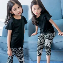 2Piece/Set Fashion Girls Summmer Clothes Set Short Sleeve Black Tshirt + Printing Pants Cotton Kids Suits Children Clothing