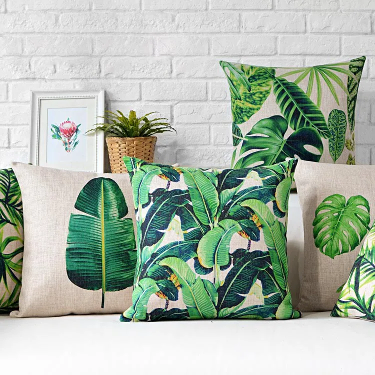 

Retro Decorative Cushion Cover Green Leaf Palm Throw Pillows Case Tropical Cushions Covers Home Decor for Sofa 45x45cm