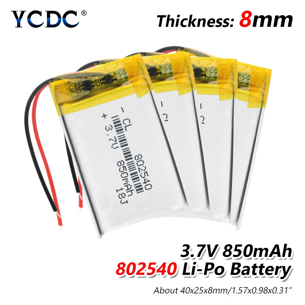 

Rechargeable Li-Po Lithium Li-polymer Batteries 3.7V 850mAh 802540 Battery For GPS MP3 MP4 LED Light RC drone Bateria