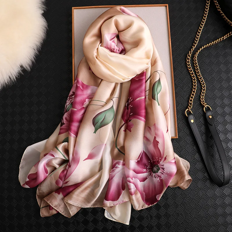 

Elegant women silk scarf fashion floral printed shawls and wraps lady large pashmina beach cover up winter neck scarves hijab