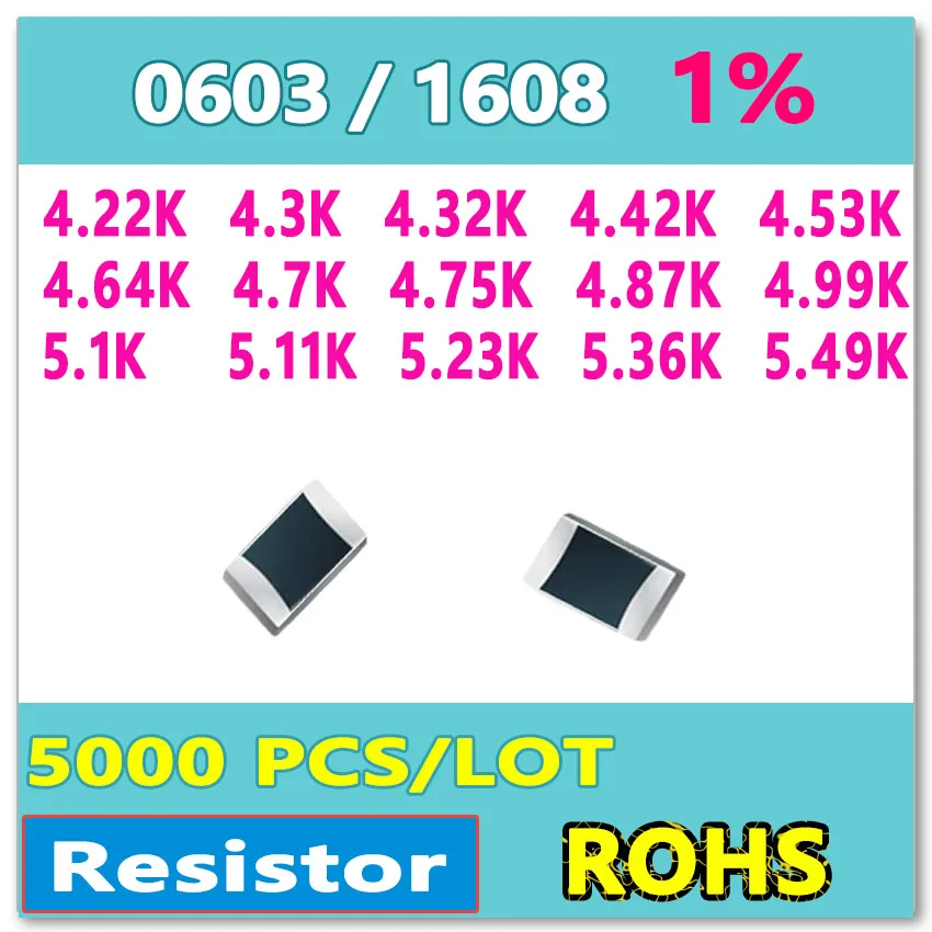 

OHM 0603 F 1% 5000pcs 4.22K 4.3K 4.32K 4.42K 4.53K 4.64K 4.7K 4.75K 4.87K 4.99K 5.1K 5.11K 5.23K 5.36K 5.49K smd 1608 Resistor