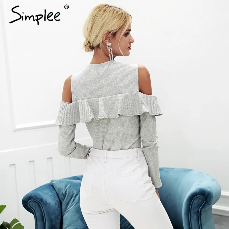 Simplee Cold shoulder female long sleeve sweater women Sweet pink ruffles knitted pullover Sexy autumn winter jumper 2018 Sweaters