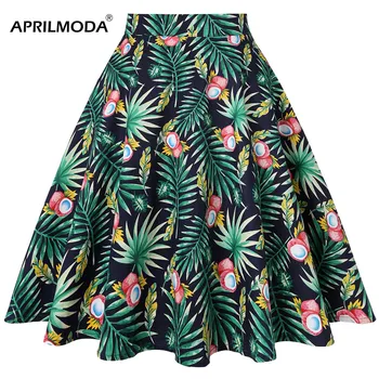 

Retro Vintage Women Summer Skirt High Waist Cotton Green Leaf Printed Cotton 40s 50s 60s Big Swing Pinup Rockabilly Women Skirts