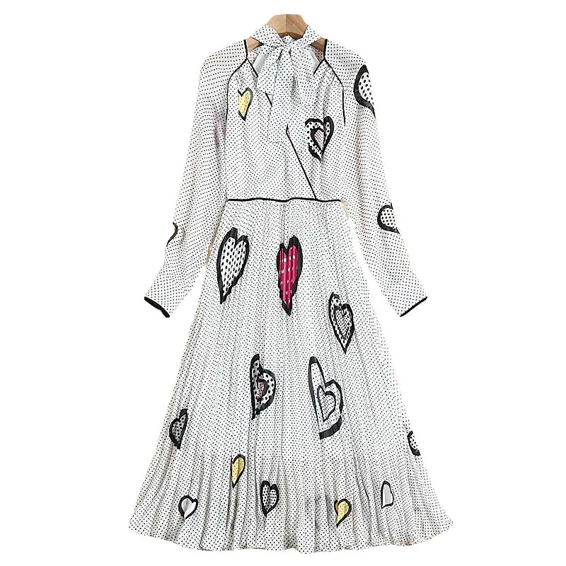 XF модное дизайнерское весеннее и летнее женское платье с v-образным вырезом и бантом с длинными рукавами в горошек+ Плиссированное шифоновое тонкое платье с принтом в форме сердца - Цвет: Многоцветный