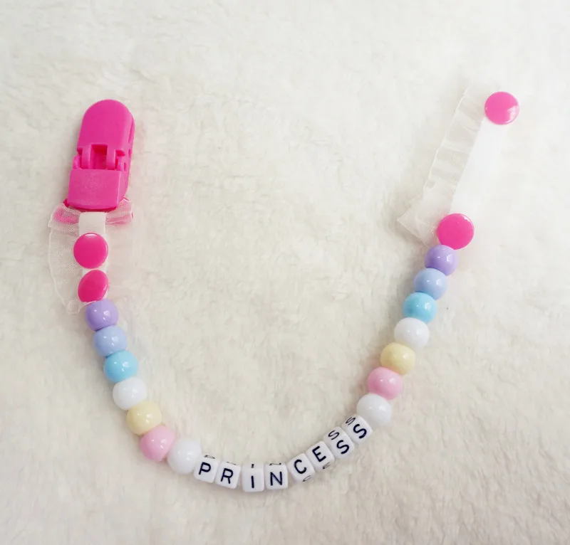 MIYOCAR New Style-any name Hand made elasticity pacifier clip princess silk ribbon with colorful beads dummy holder | Мать и ребенок