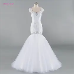 Роскошный Vestido De Noiva 2019 Свадебные платья Русалка с короткими рукавами Тюль из бисера Кристалл Boho Дешевые Свадебные платья