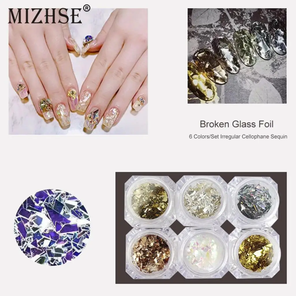 

MIZHSE 6 Colors Decoration Nail Art Shell Glitter Irregular Cellophane Sequins Powder Manicure Sticker DIY Tips Design Tools Set