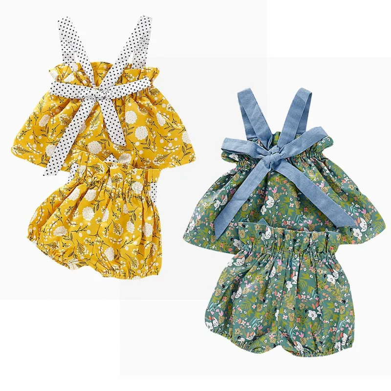 

NewPolyester Square Collar Cute Summer Baby Girls Casual Sleeveless Strap Floral Print T-shirt Tops +Shorts Suits Costume Set