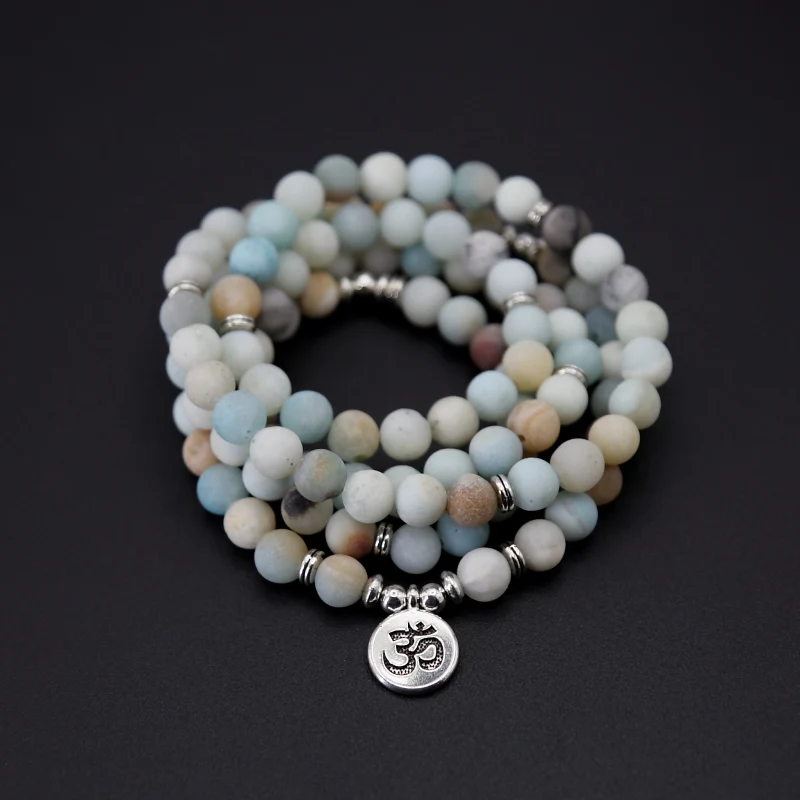 Fashion-Women-bracelet-Matte-Frosted-Amazonite-beads-with-Lotus-OM-Buddha-Charm-Yoga-Bracelet-108-mala (3)
