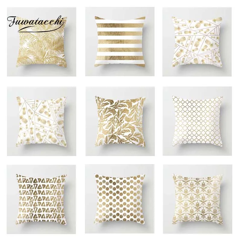 cheap Fuwatacchi Golden Geometric Cushion Cover floral Soft Throw Pillow Cover Decorative Sofa Pillow Case Pillowcase