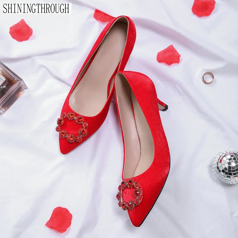 

Single wedding shoes woman summer women 5cm High heels shoes woman shallow Crystal Silk pumps ladies pumps