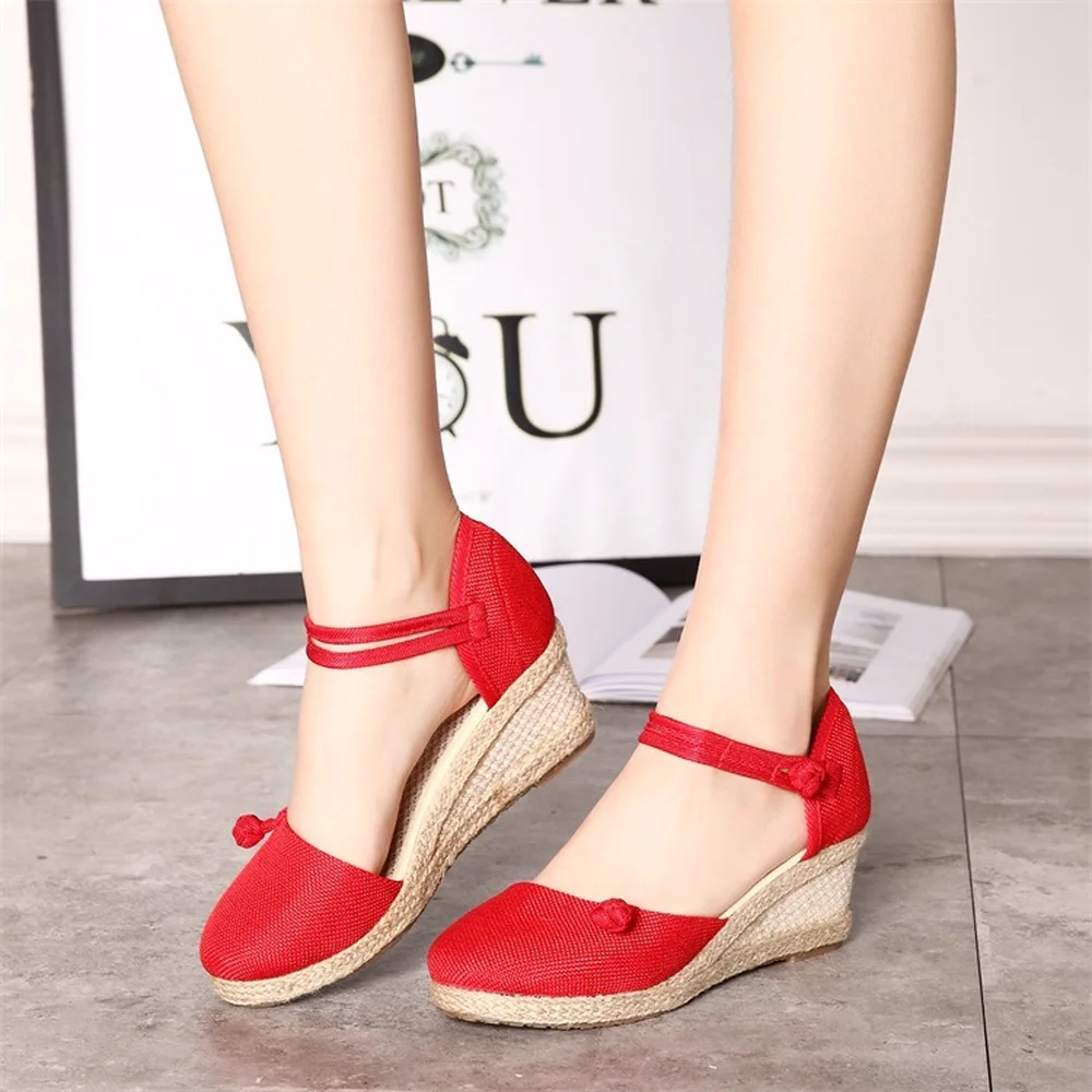 

2018 Sale Vintage Embroidered Women shoes Casual Linen Canvas Wedge shoes Summer Ankle Strap Heel Platform Pump Shoes