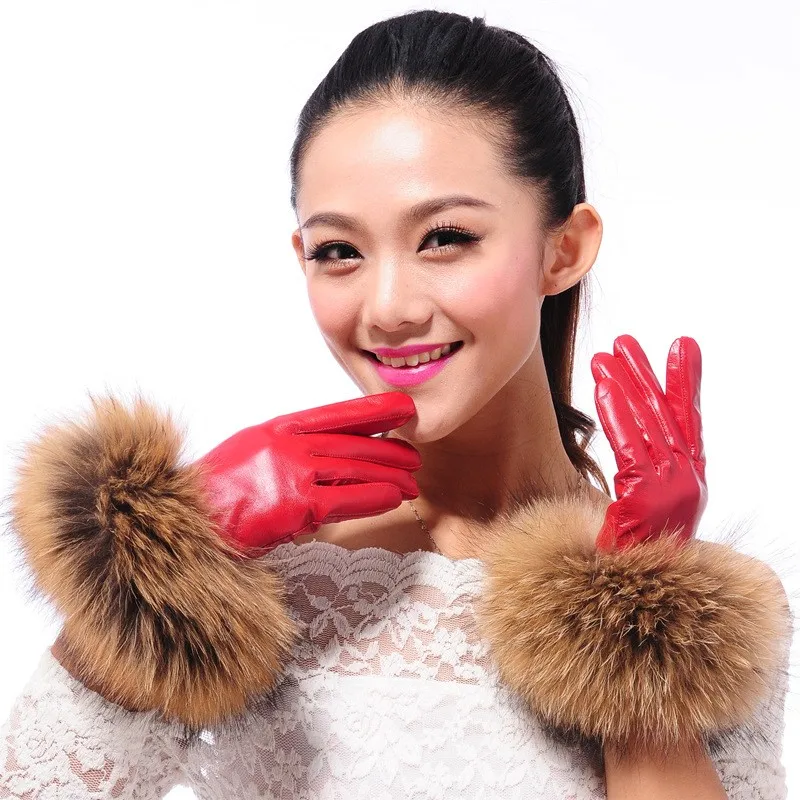 Роскошные женские зимние перчатки из овчины с сенсорным экраном, настоящий мех енота, перчатки из натуральной кожи, женские черные, красные теплые флисовые варежки