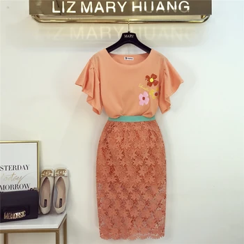 

New Summer Fashion Women's Sets Embroidery Sequins Flower Short Sleeve Tops + Color Block Slim Pencil Lace Skirts Ladies Suits
