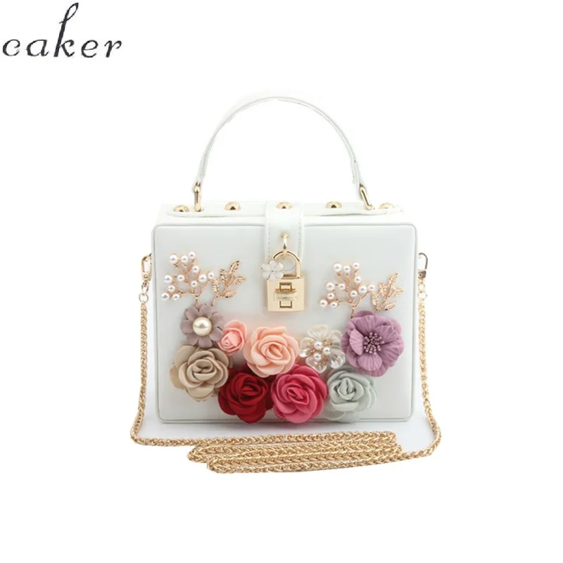 

Caker Brand 2019 Women Square Handbag Evening Beaded Flower PU Leather Day Clutches Pink White Red Black Blue Chain Bags