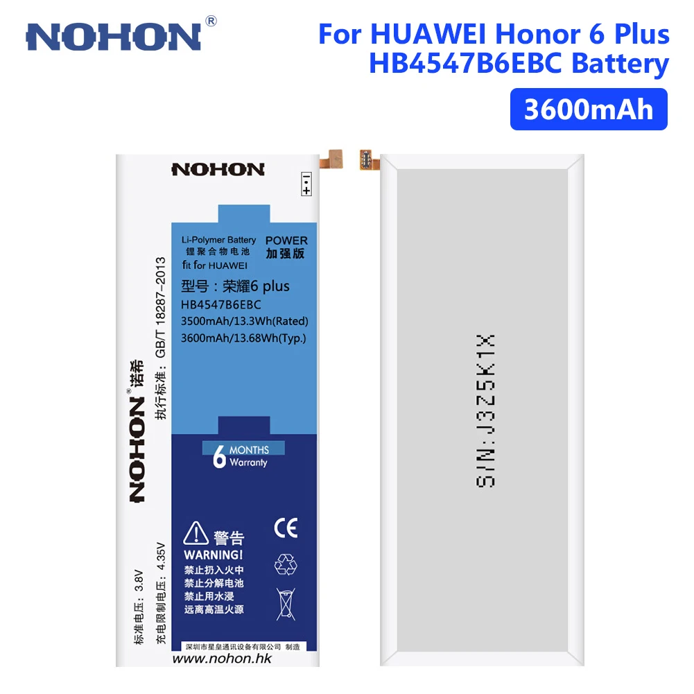 

NOHON Honor 6 Plus Battery For Huawei PE-TL20 CL00 UL00 HB4547B6EBC Real 3600mAh Lithium Rechargeable Phone Batteries Free Tools