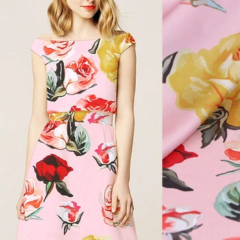 

108CM Wide 19MM Yellow Red Rose Print 93% Silk & 7% Spandex Stretch Pink Silk Satin Fabric for Dress Cheongsam Pants B162