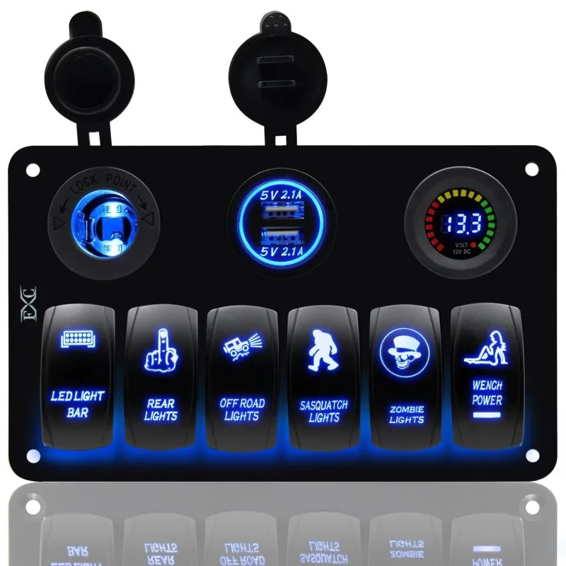

Waterproof IP67 Blue LED 12V 24V 6 Gang Car Caravan Marine Boat RV Dual USB Port Rocker Switch Panel Socket Circuit Breaker