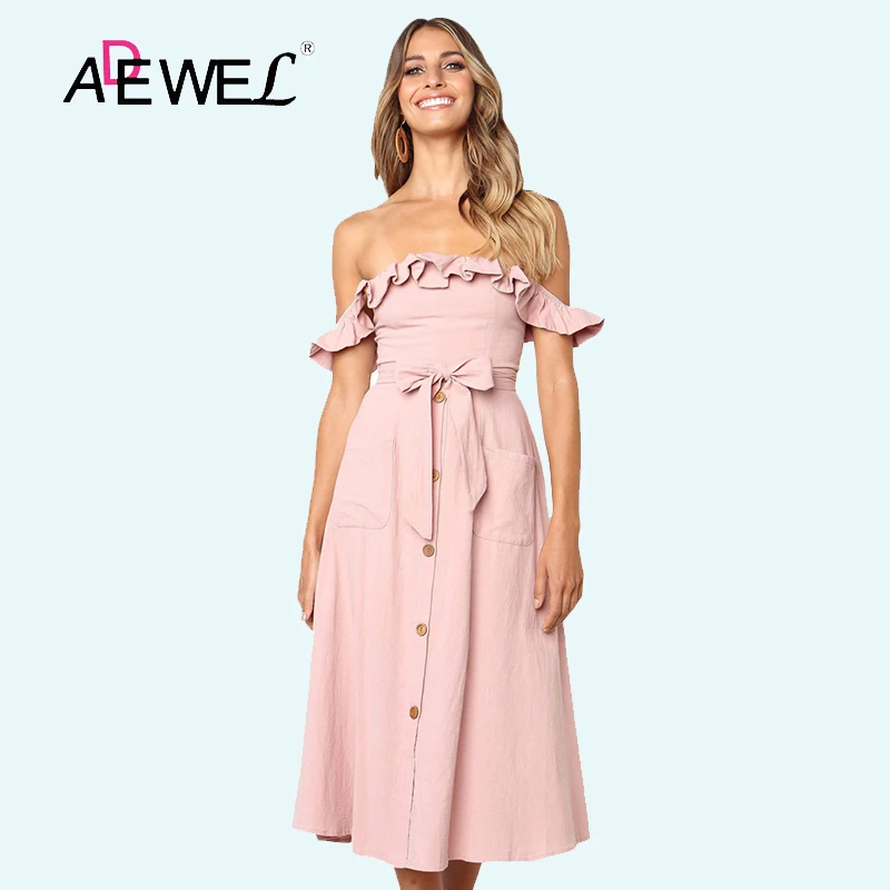 

ADEWEL 2019 Sexy Hollow Out Women Dress Print Summer Dresses Off ShoulderCasual Beach Pocket Strapless Clothes Ladies Vestidos