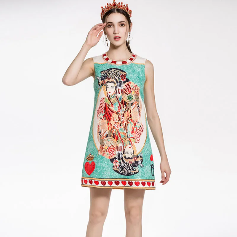 China Retro Character Diamond Beading Sequins 2018 Runway Dress Women High Quality Casual Jacquard Sleeveless | Женская одежда