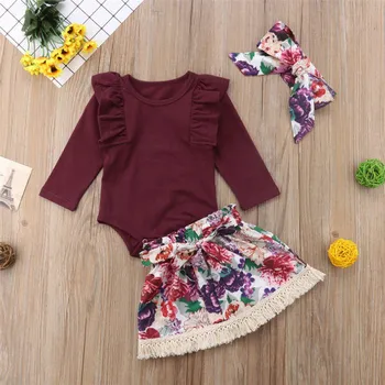 

2019 New Baby Girl Clothes Set Short Sleeve O-Neck Romper + Print Bow+ Print Dress Headband Toodler Girl Clothes Spring Autumn