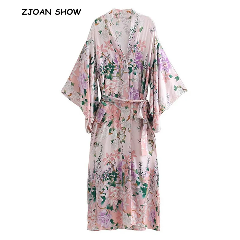 

2019 New Women Bohemian V neck Bright Flower Print Long Kimono BOHO Shirt Ethnic Lacing up Sashes Cardigan Loose Blouse Tops
