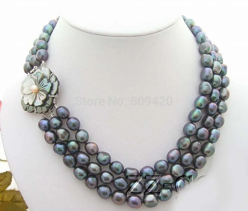 

~~ Free Shipping >3Strds Black Baroque Pearl Necklace-Cameo Flower Clasp