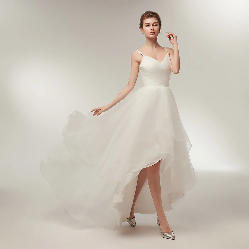 

2018 Spring Puffy High Low Wedding Dress Spaghetti Straps V Neckline Ruffle Tulle Short Front Long Back Woman Bridal Dresses
