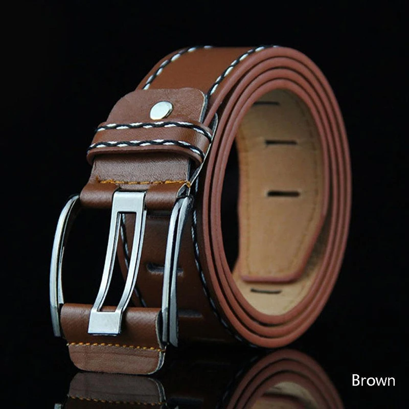 Fashion Men Long 110cm Brown Jeans Belt Leather Double Pin Buckle