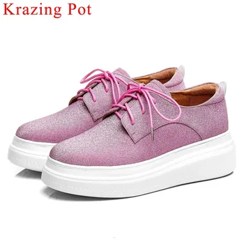 

Krazing Pot concise lace up new sequined cloth thick bottom platofrm round toe sneakers well-ventilated vulcanized shoes L00