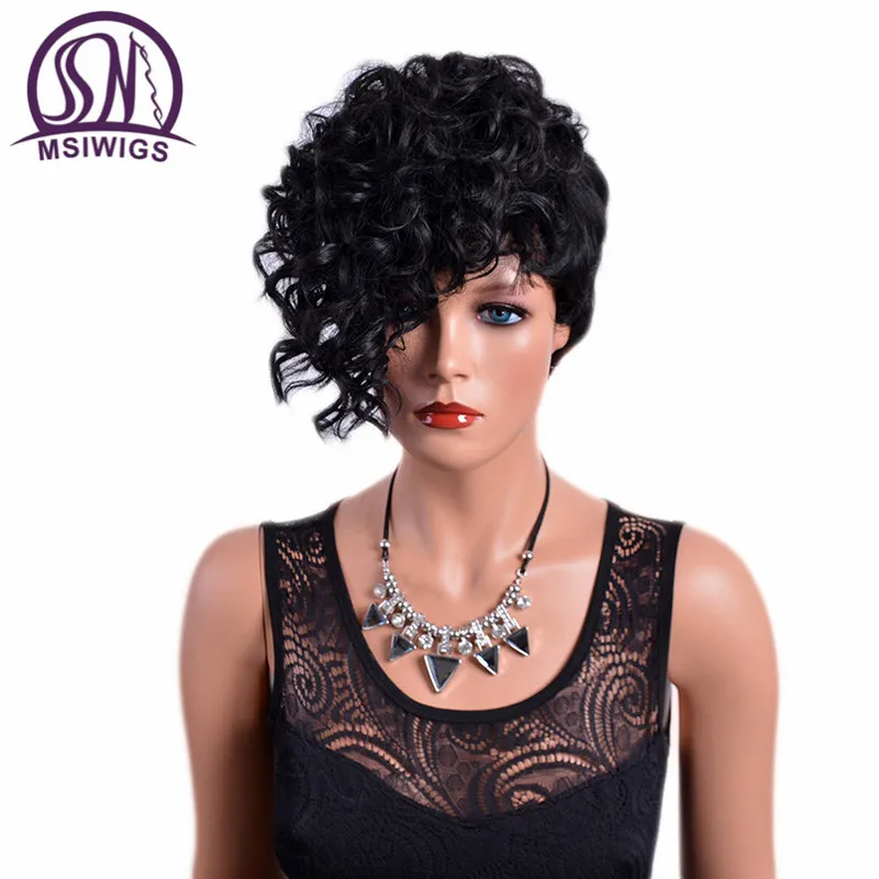 Msiwigs Front Curly Back Straight Short Wigs With Bangs Natural Black 