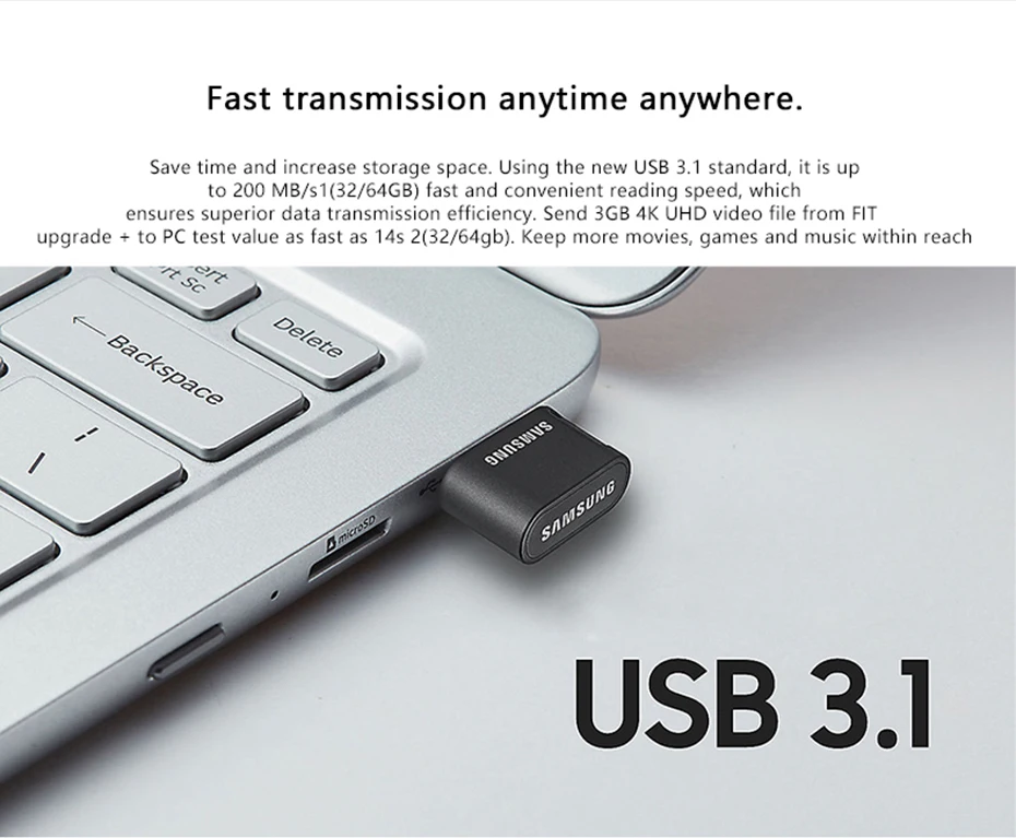 SAMSUNG USB3.1 флеш-накопитель FIT Plus Pendrive 128 ГБ 32 ГБ 64 Гб 256 Гб карта памяти, Флеш накопитель, крошечный Usb Memoria Disk