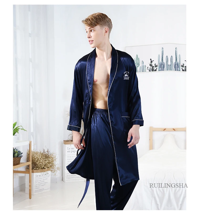 Мужской модный стильный Шелковый пижамный комплект летняя однотонная Домашняя одежда с длинными рукавами ночная рубашка из двух