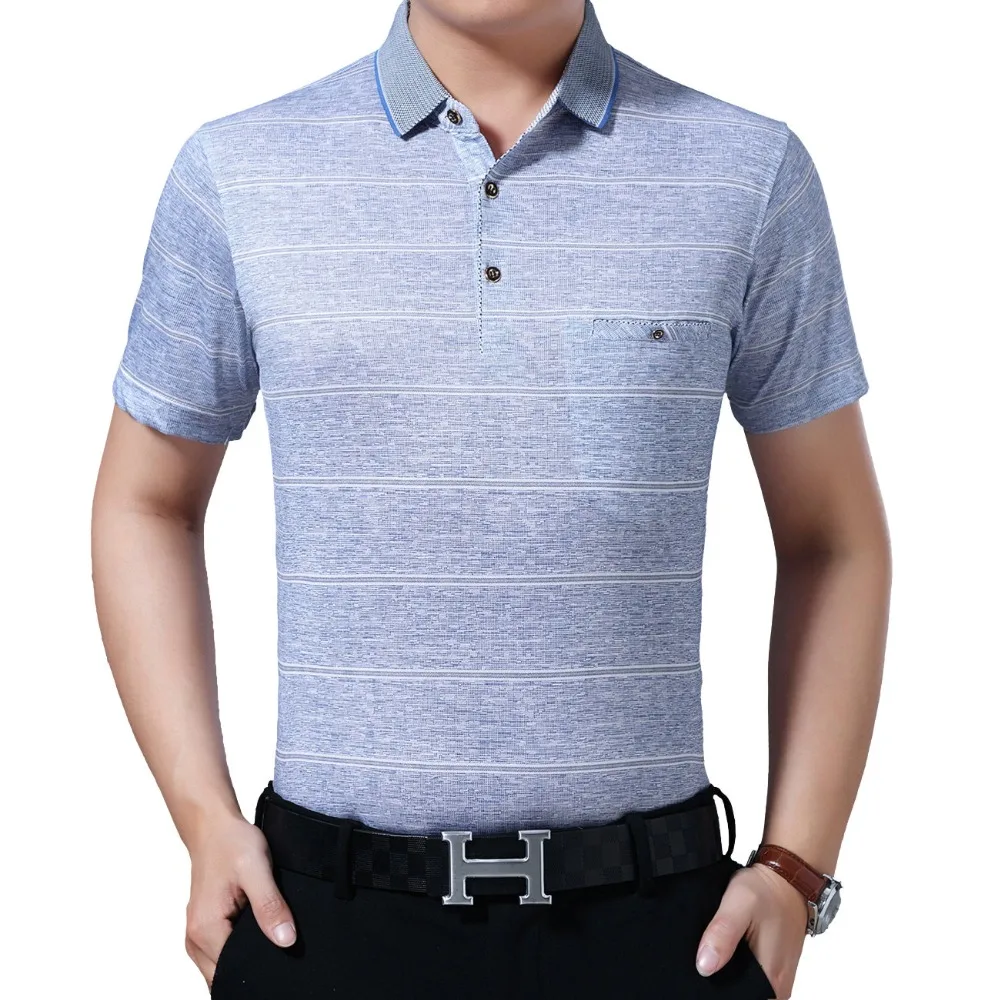 

Mature Man Casual tshirt Summer Cross Stripes Tees Men Grey Blue Smart Leisure Tops Male Short Sleeve Turn Down Collar T Shirt M
