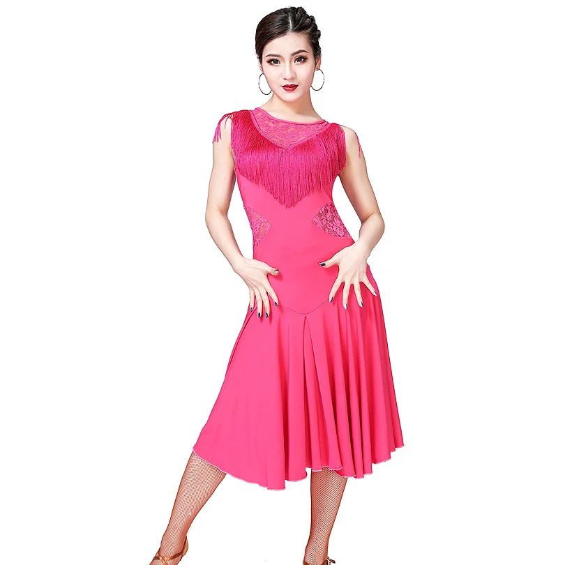 Новая женская Одежда для танцев сальса самба одежда с бахромой спереди класс платье без рукавов спандекс кружева нерегулярные цельные латинские платья