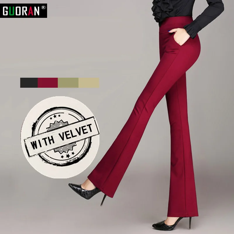 

women pants winter 2016 warm with velvet thicken flare pants female trousers high elastic waist stretch fleece plus size